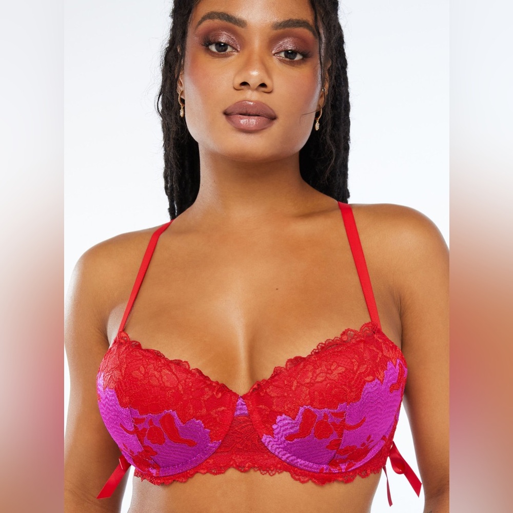 LACE'D UP PADDED LOW BALCONETTE BRA, GOJI BERRY RED MAKE ME BLUSH